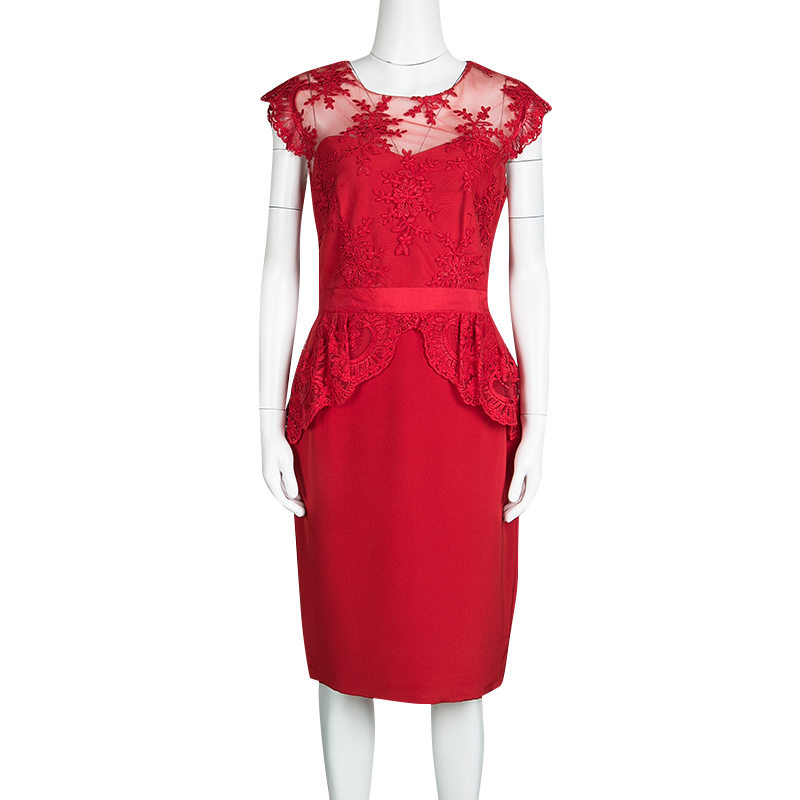 

Notte By Marchesa Scarlet Red Embroidered Lace Peplum Dress