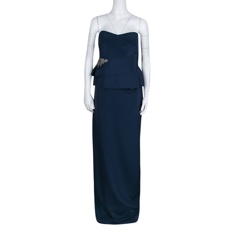 

Notte by Marchesa Navy Blue Silk Embellished Strapless Peplum Gown