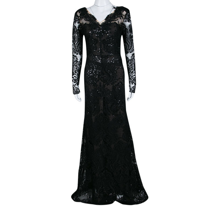 

Notte By Marchesa Black Floral Applique Detail Embellished Embroidered Tulle Gown M