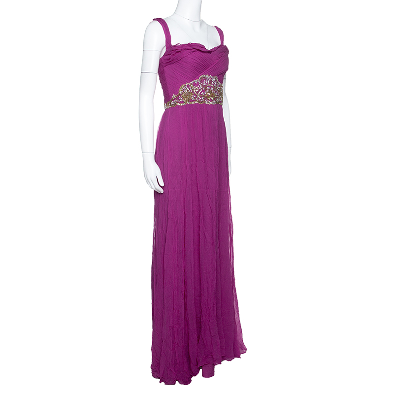 Pre-owned Notte By Marchesa Magenta Embellished Chiffon Draped Grecian Gown S In Pink