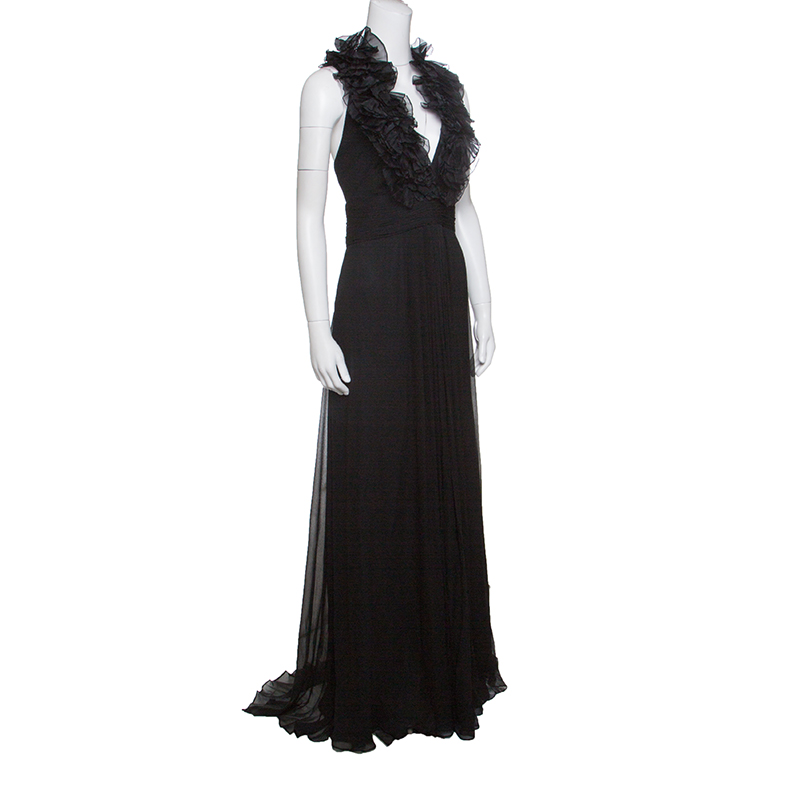 

Notte By Marchesa Black Silk Chiffon Ruffle Detail Halter Evening Gown