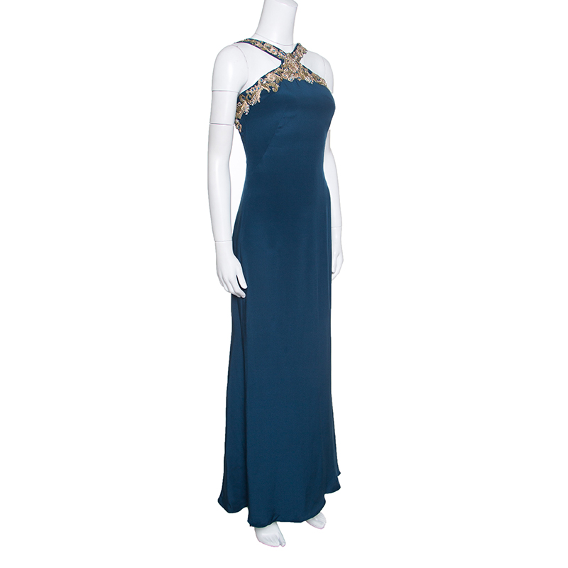 

Notte by Marchesa Peacock Blue Embellished Silk Maxi Dress