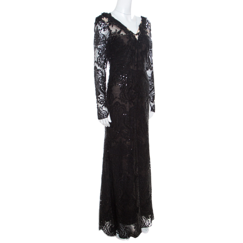 

Notte By Marchesa Black Sequined Embroidered Floral Lace Gown