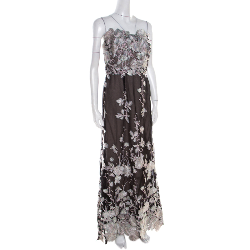 

Notte By Marches Black Floral Embroidered Tulle Sequined Strapless Gown