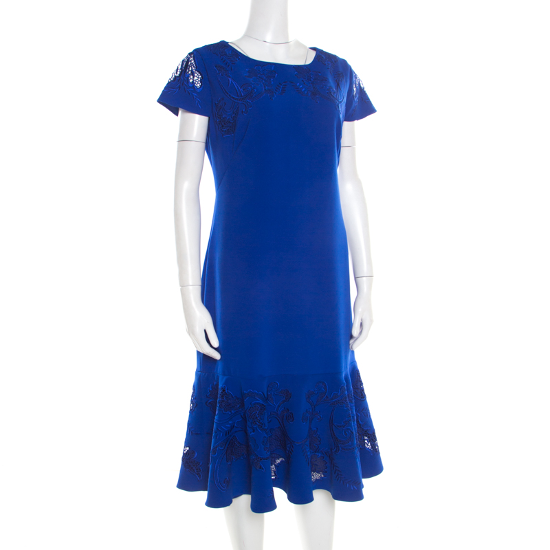 

Notte By Marchesa Blue Cutout Floral Embroidered Cap Sleeve Flounce Dress