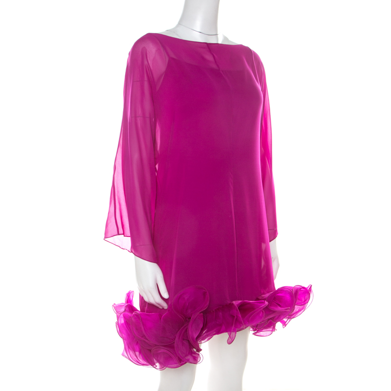

Notte By Marchesa Fuschia Pink Silk Chiffon Ruffle Hem Detail Short Dress