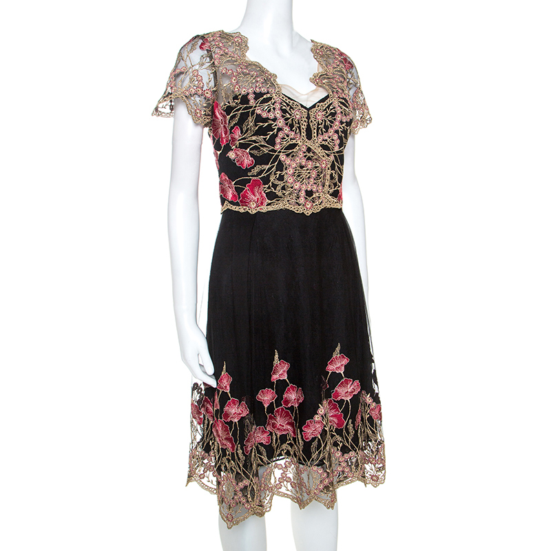 

Notte By Marchesa Black and Gold Floral Lace Applique Dress