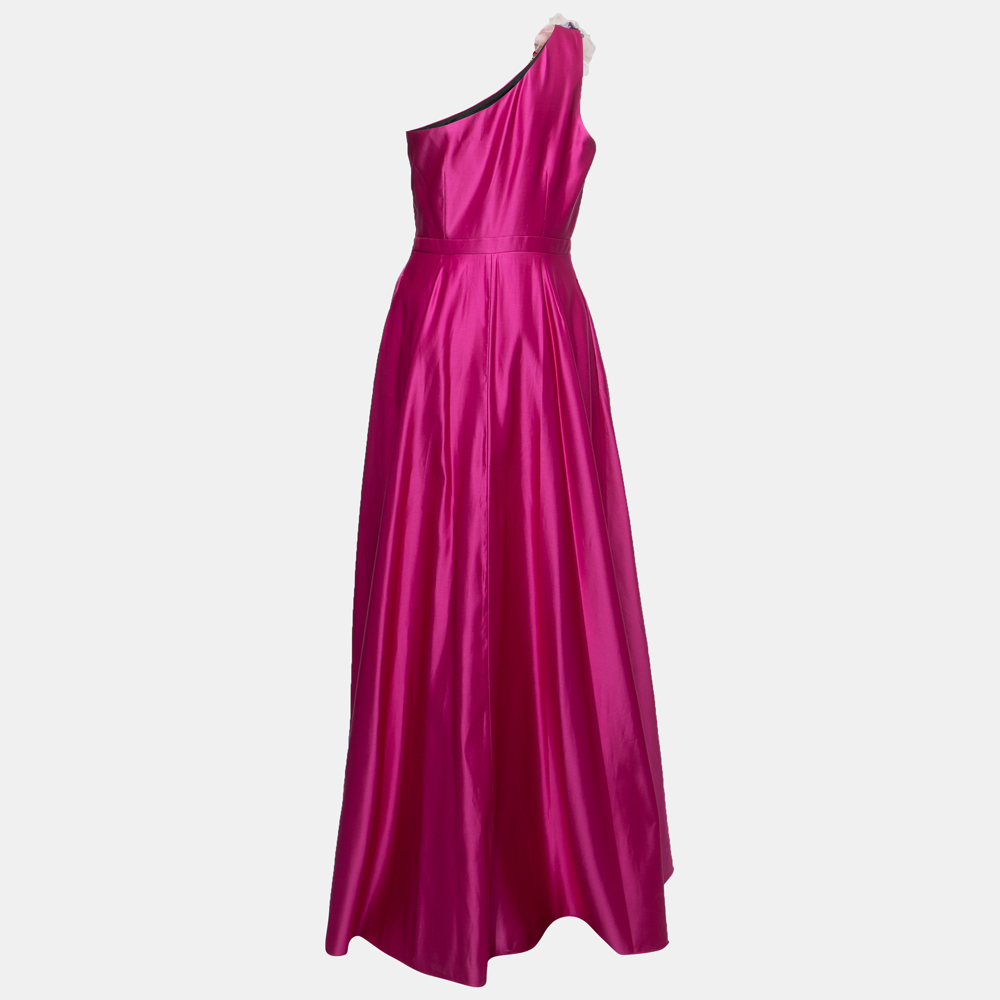 

Notte By Marchesa Fuchsia Pink Duchess Satin Floral Applique One Shoulder Ball Gown