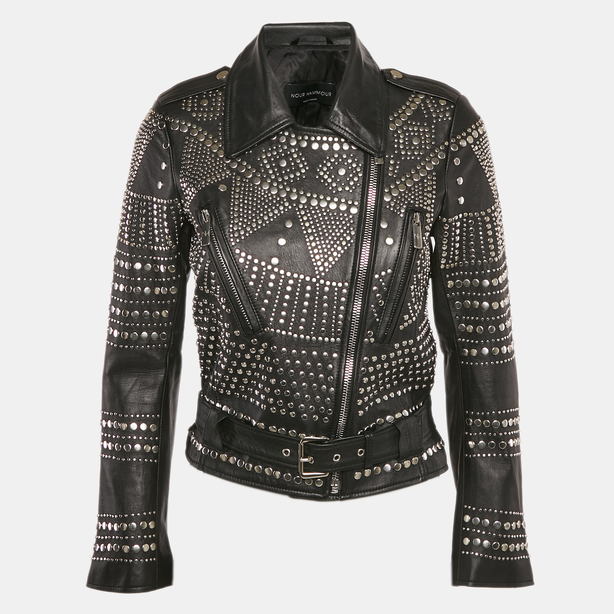 

Nour Hammour Black Studded Leather Zip-Up Jacket S