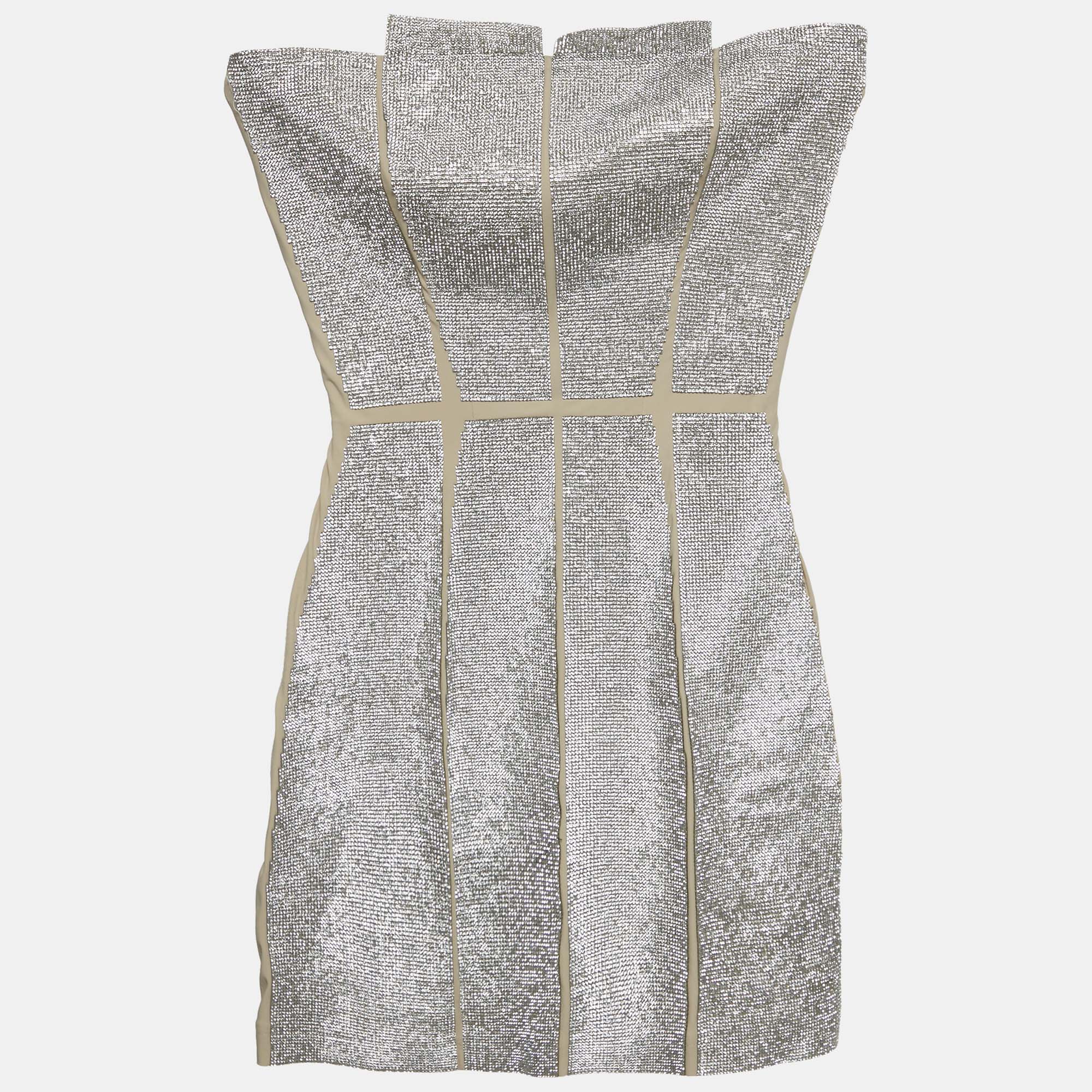 

Nué Beige Rhinestone Embellished Jersey Strapless Mini Dress S