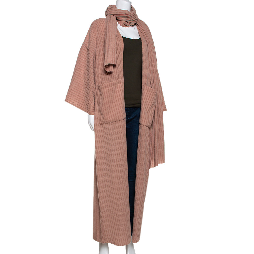 

Nuna Atelier Taupe Rib Stretch Knit Two Pocket Open Front Abaya and Scarf Set, Beige
