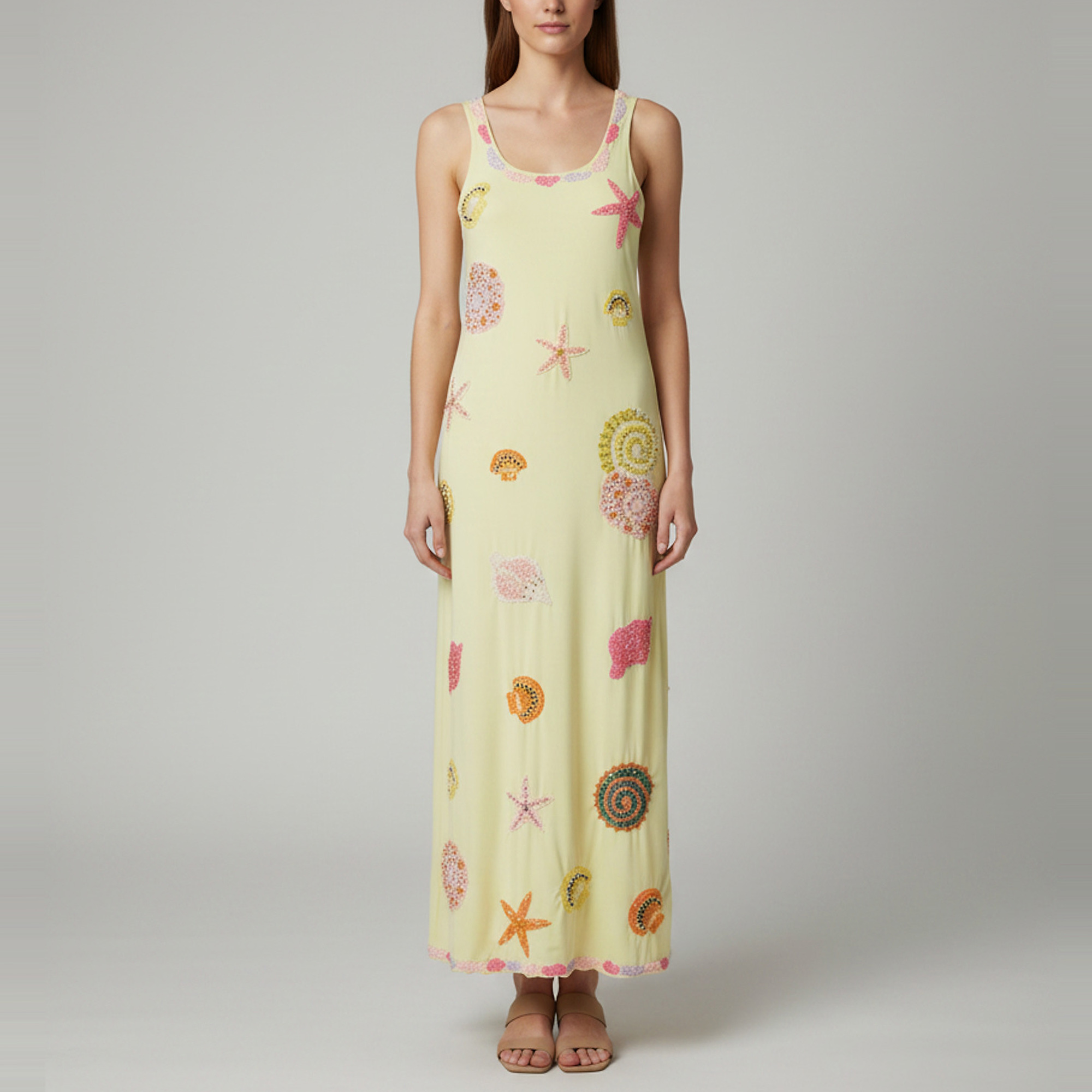 

Oceanus Yellow Jersey Embroidered Sleeveless Maxi Dress S