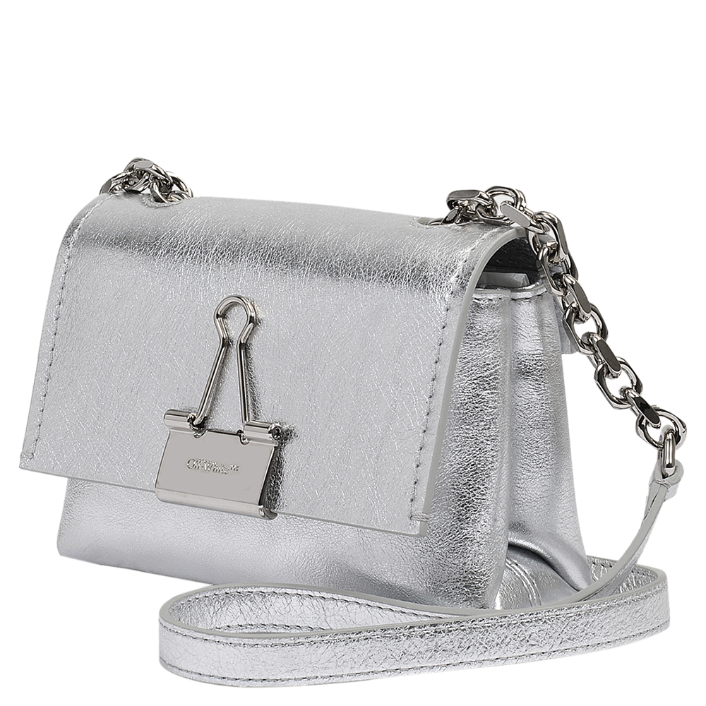 

Off White Silver Metallic Leather Laminate Soft Small Bag