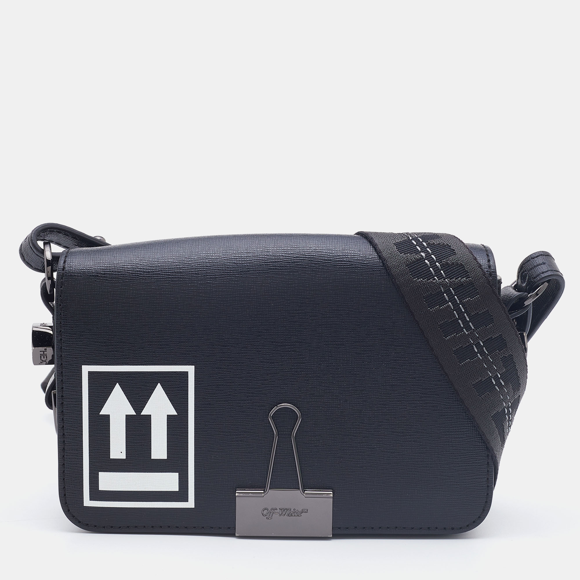 Pre Owned Off-White c/o Virgil Abloh Black Leather Mini Arrow Logo Flap Shoulder Bag