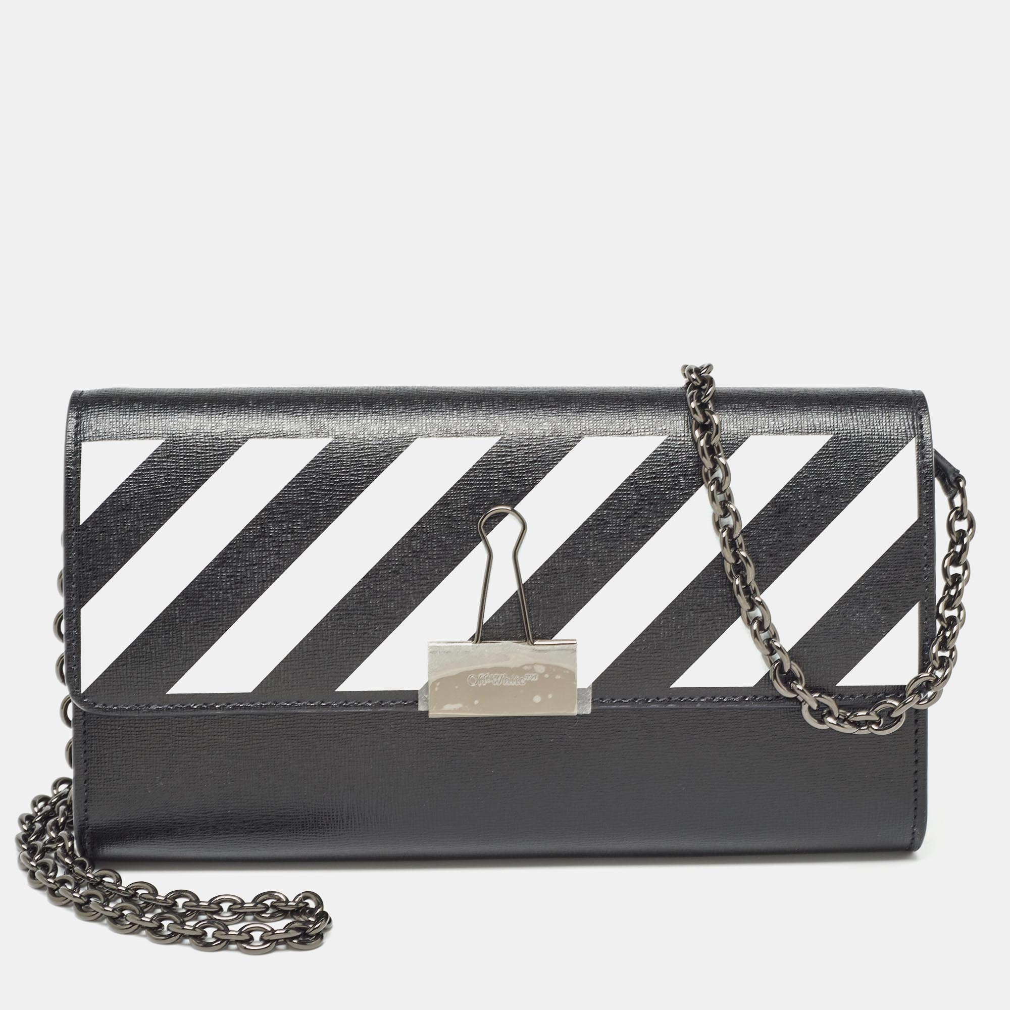 Pre-owned Off-white Black/white Diagonal Print Leather Binder Clip Wallet On Chain