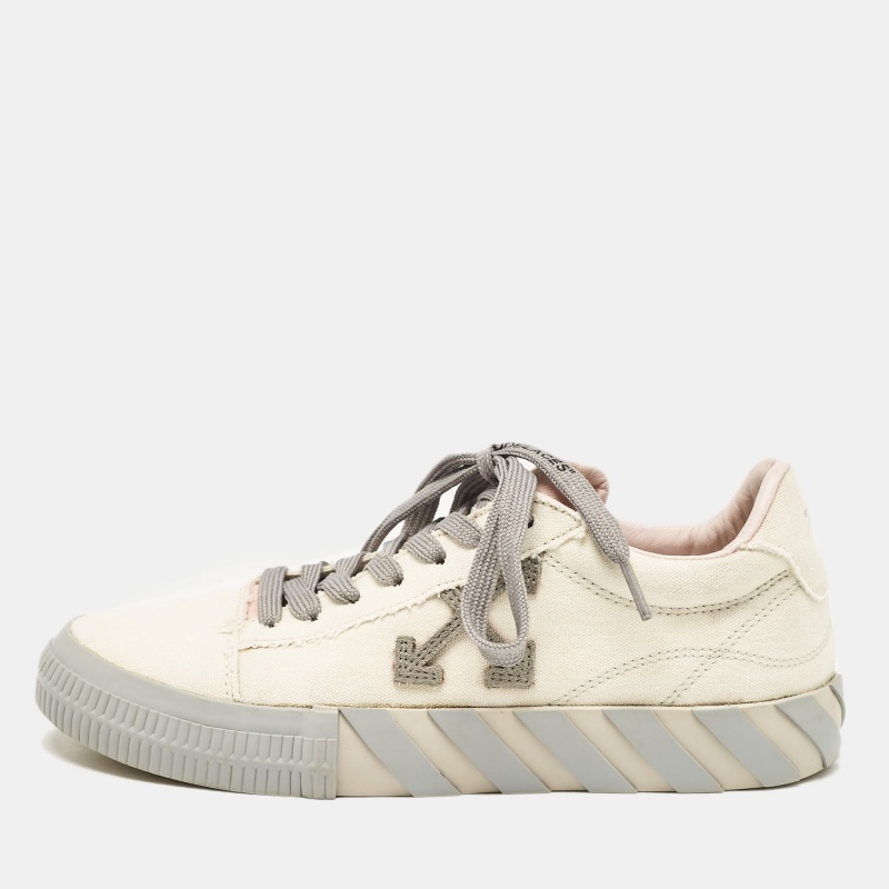 

Off White Beige/Grey Canvas Vulcanized Low Top Sneakers Size