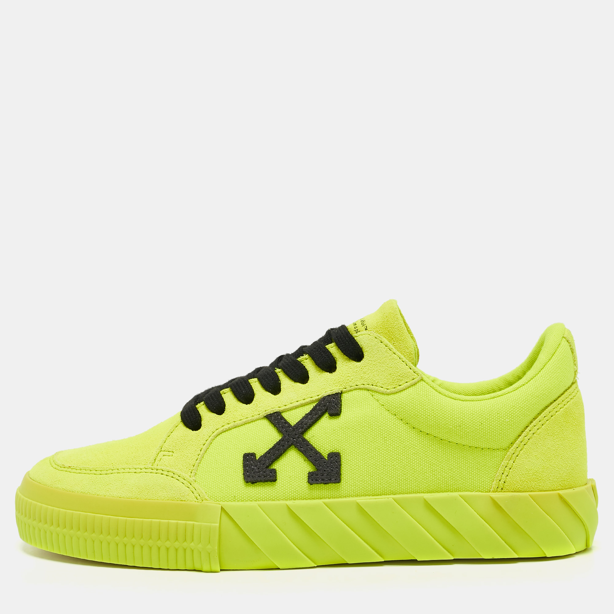 

Off White Neon Yellow Canvas and Suede Vulcanized Low Top Sneakers Size