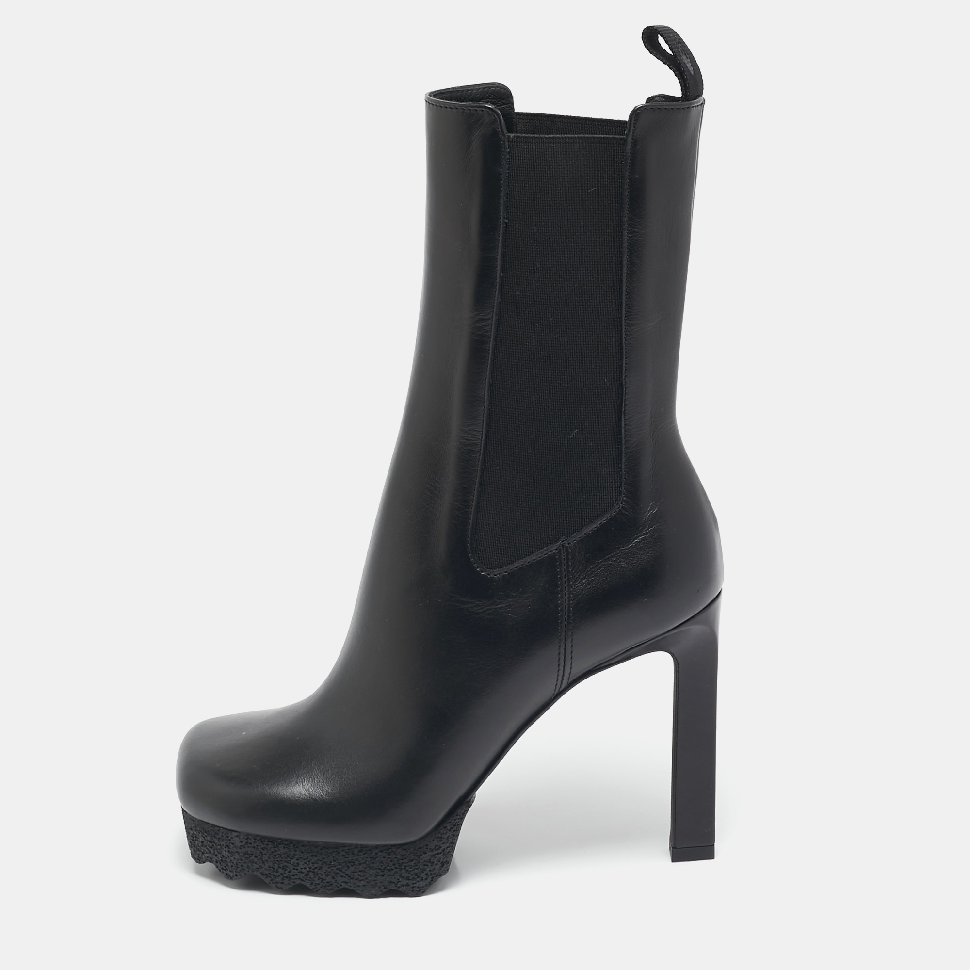 

Off-White Black Leather Sponge Chelsea Heeled Ankle Length Boots Size
