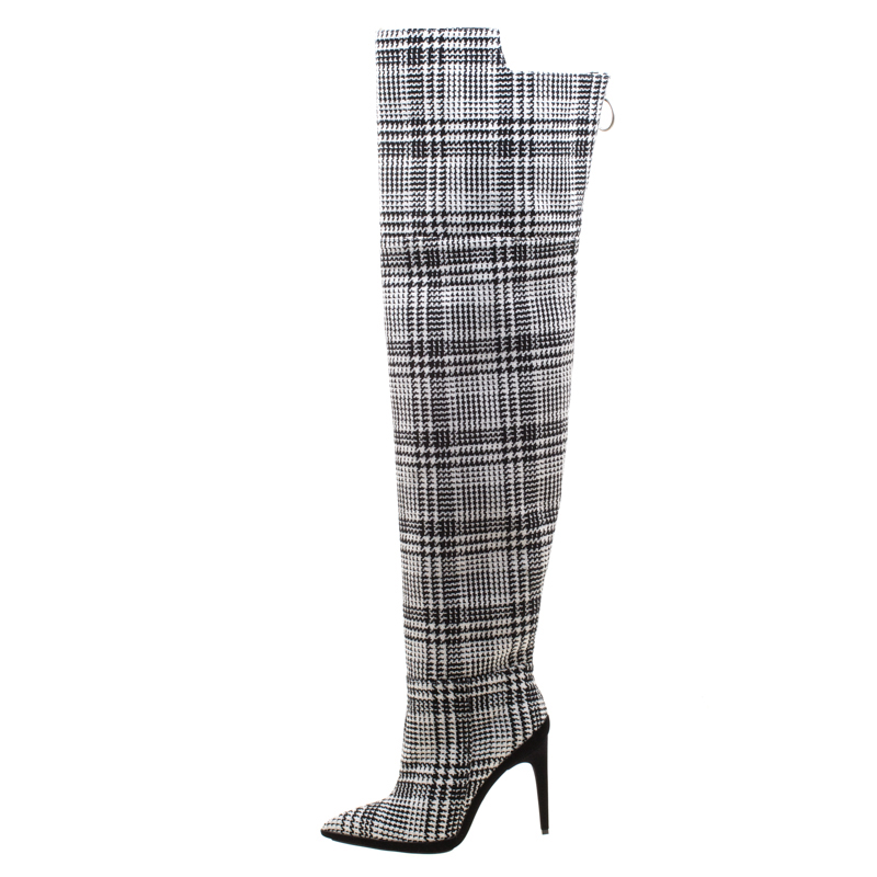 

Off-White Monochrome Tartan Plaid Over The Knee Boots Size, Black