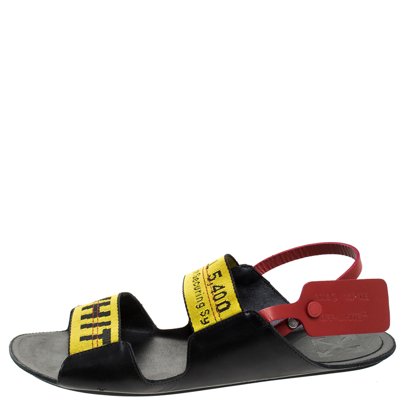 

Off White Yellow Canvas And Black Leather Slingback Flat Sandals Size