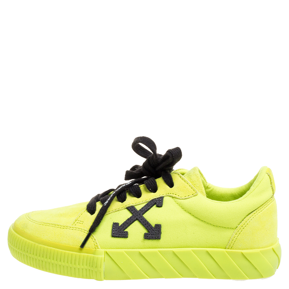 

Off White Vulcanized Yellow Suede Leather And Canvas Low Top Sneakers Size