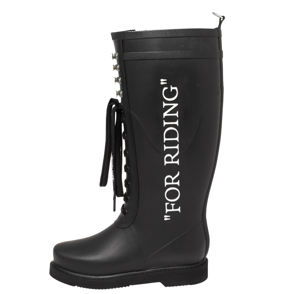 

Off-White Black Rubber Quote Motif Lace Up Riding Boots Size
