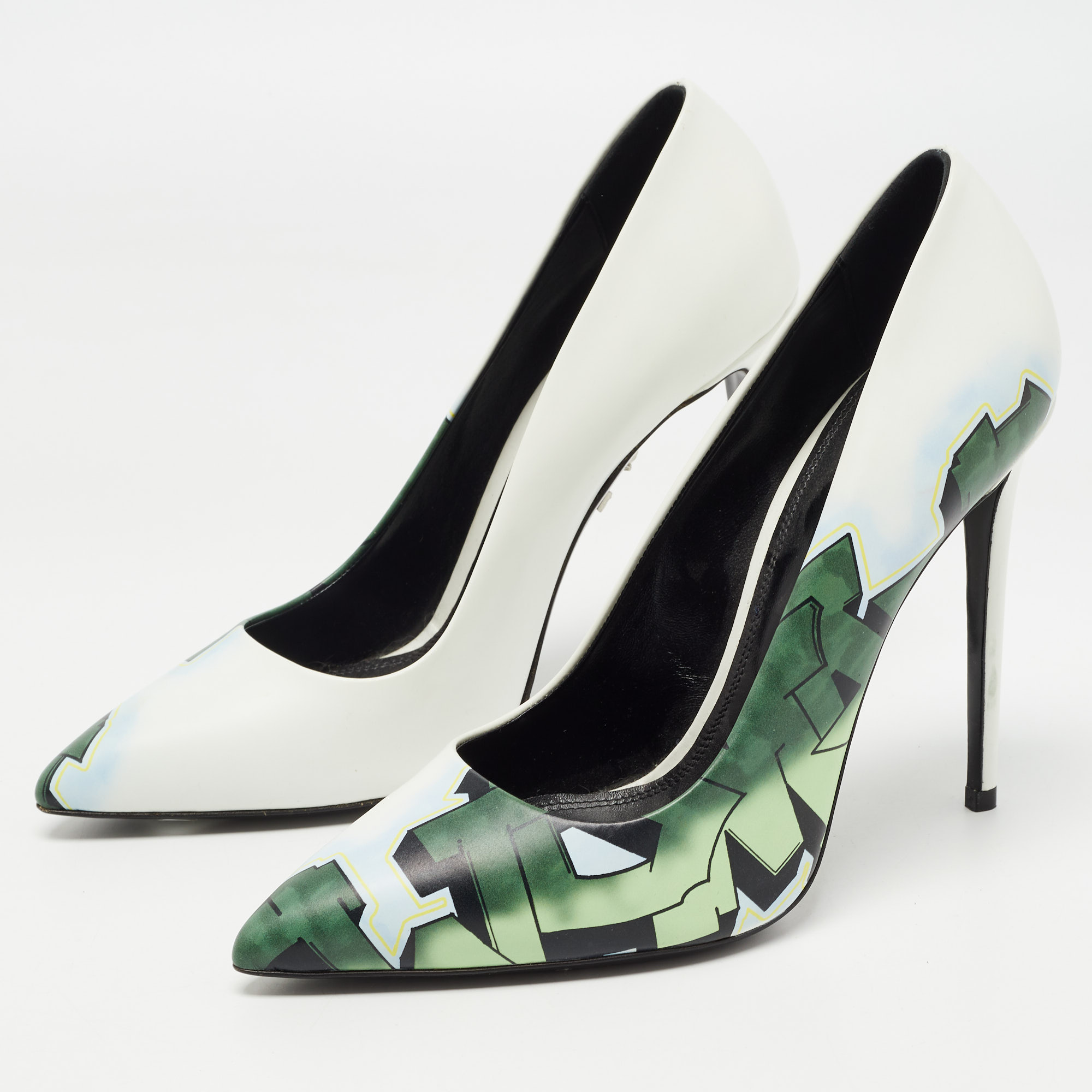 

Off-White White/Green Printed Leather Pointed Toe Pumps Size