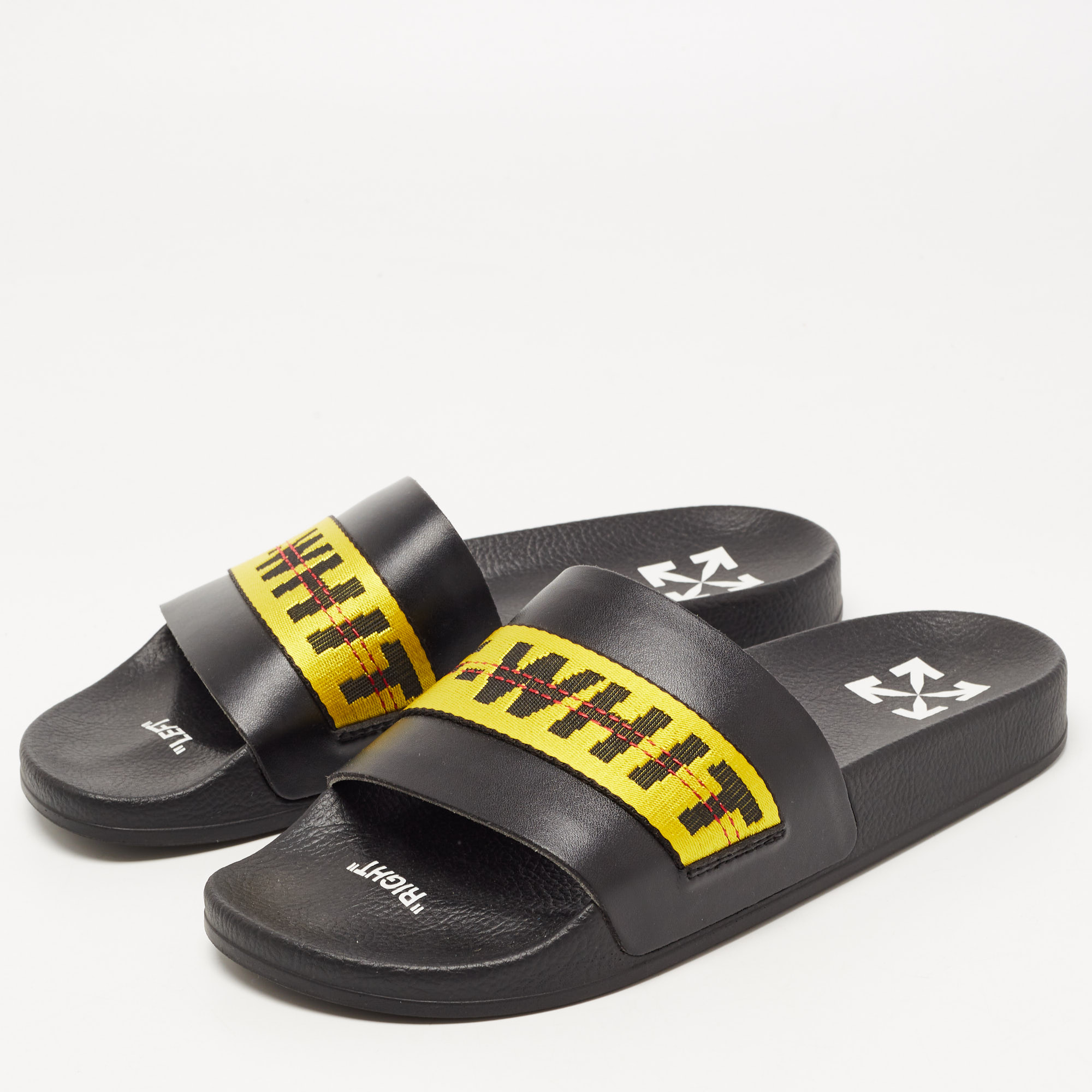 

Off-White Black/Yellow Leather and Logo Canvas Industrial Slides Size