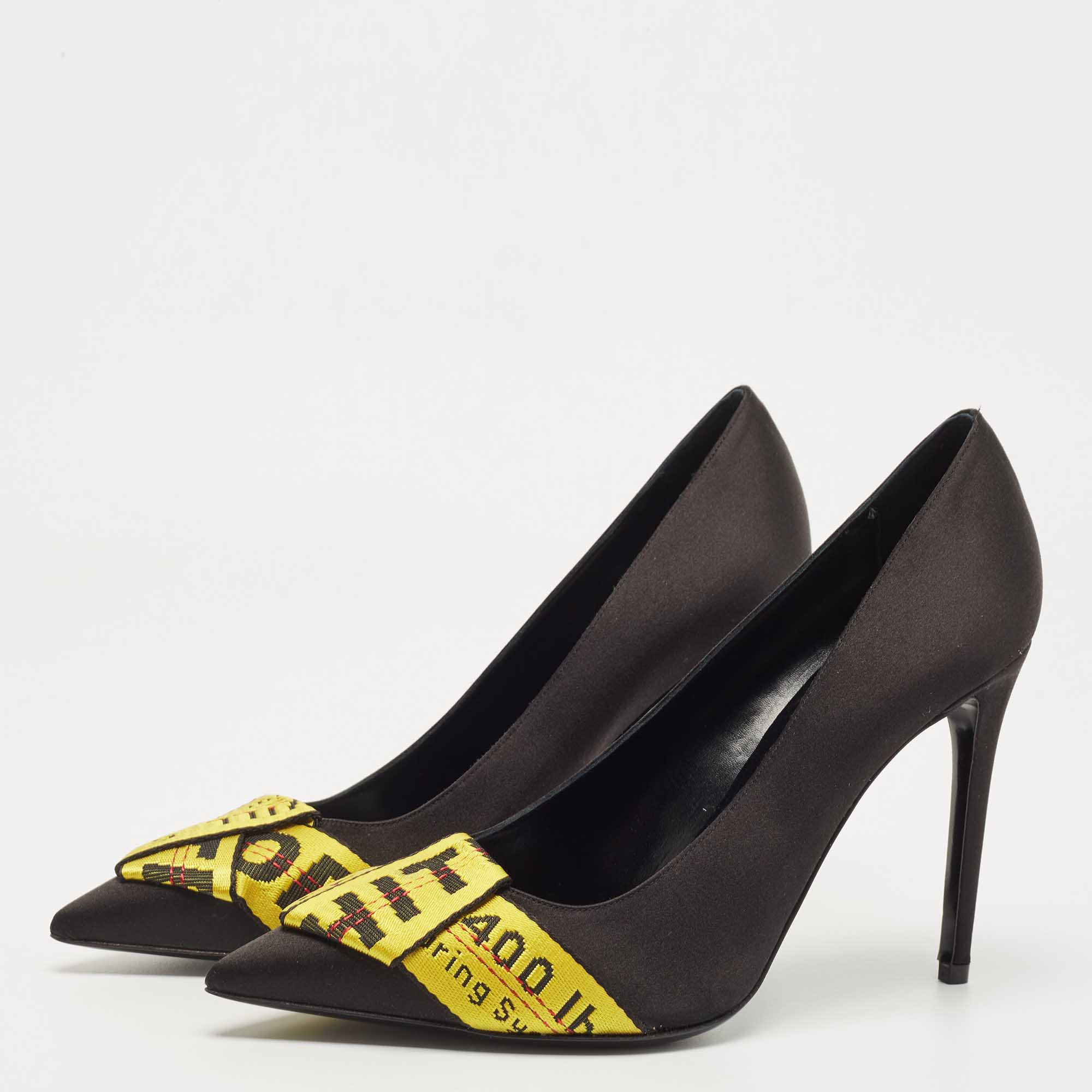 

Off-White Black/Yellow Satin and Logo Pointed Toe Pumps Size