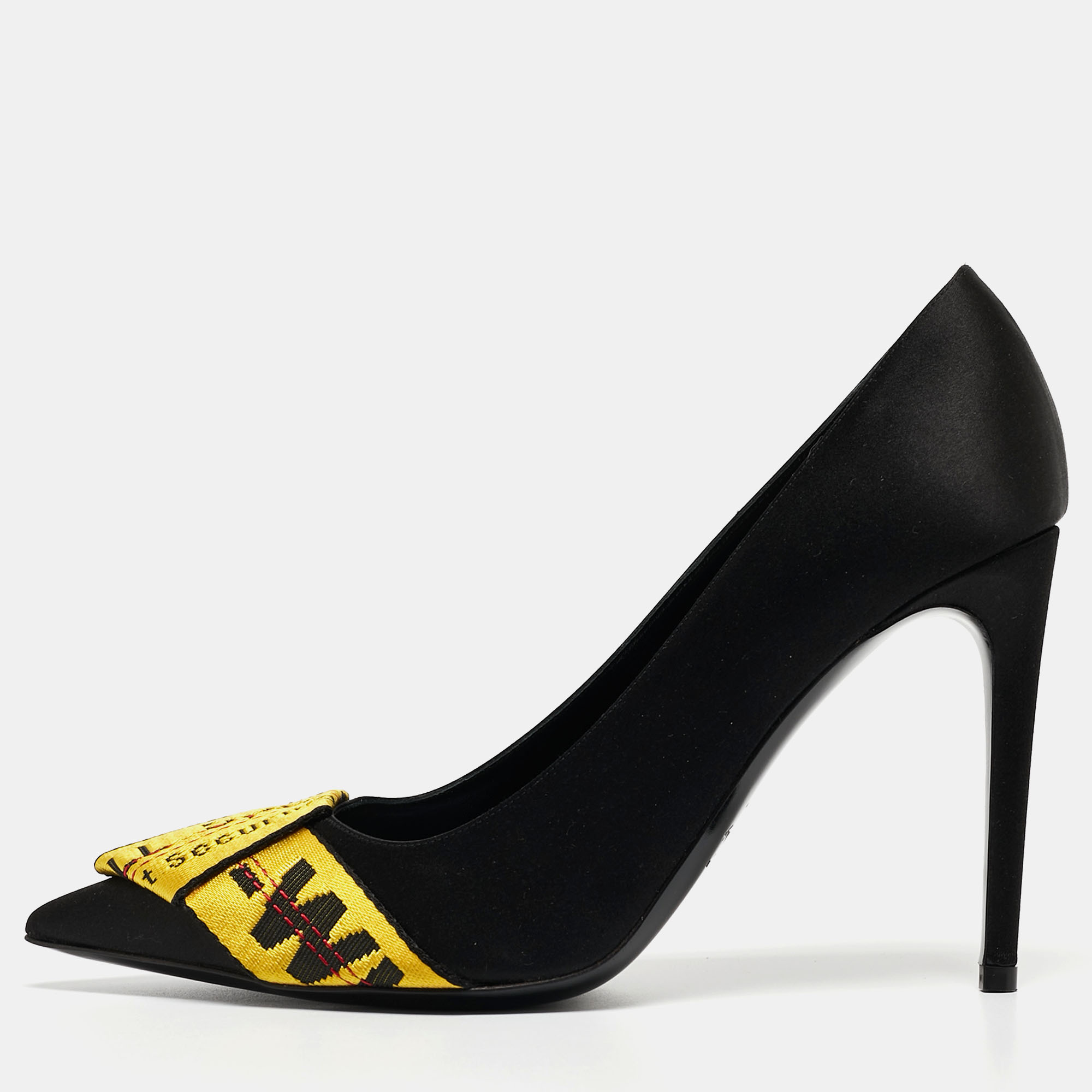 Pre-owned Off-white Black/yellow Satin And Logo Canvas Commercial Bow Pumps Size 40