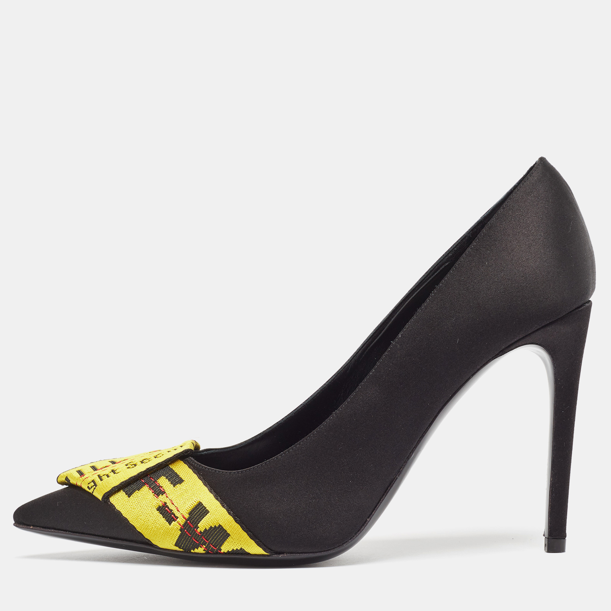 Black/yellow Satin And Logo Canvas Commercial Bow Pumps