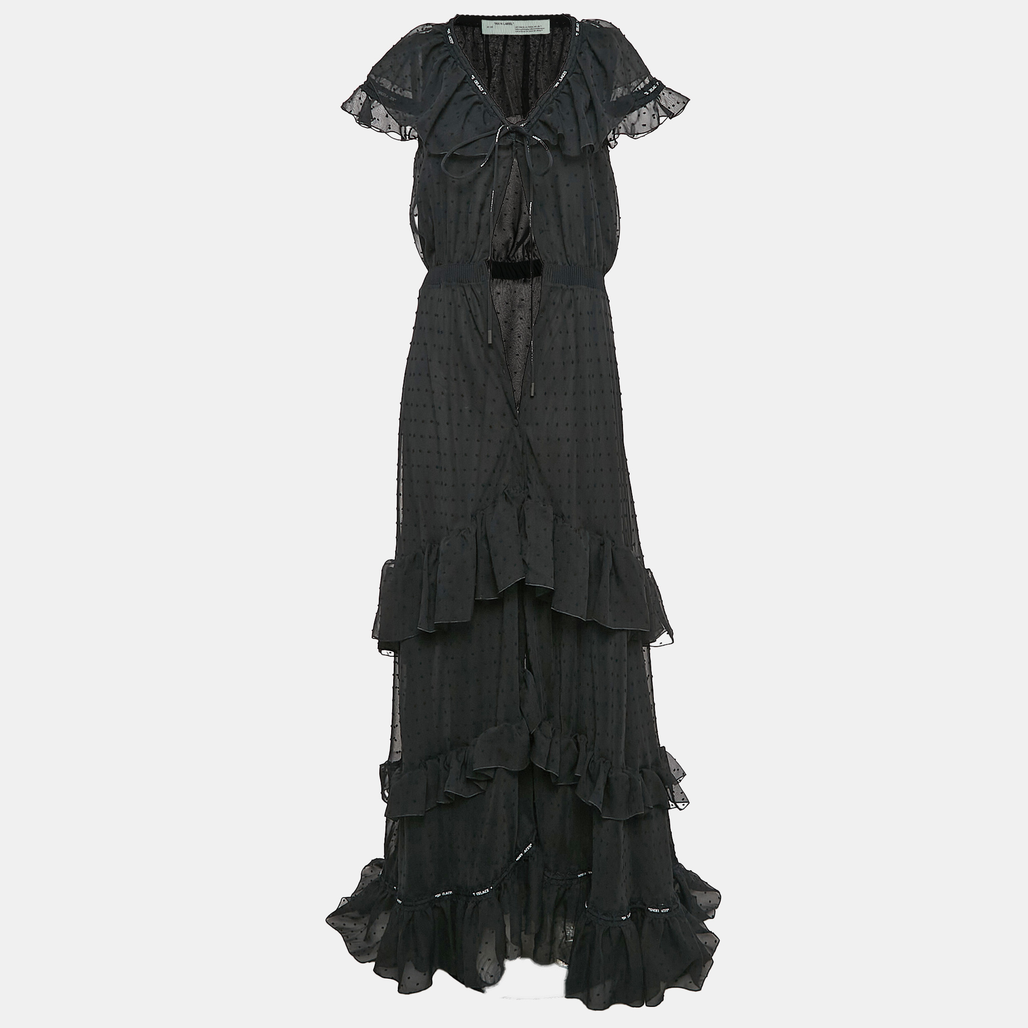 

Off-White Black Swiss Dot Crepe Ruffled Wrap Maxi Dress M