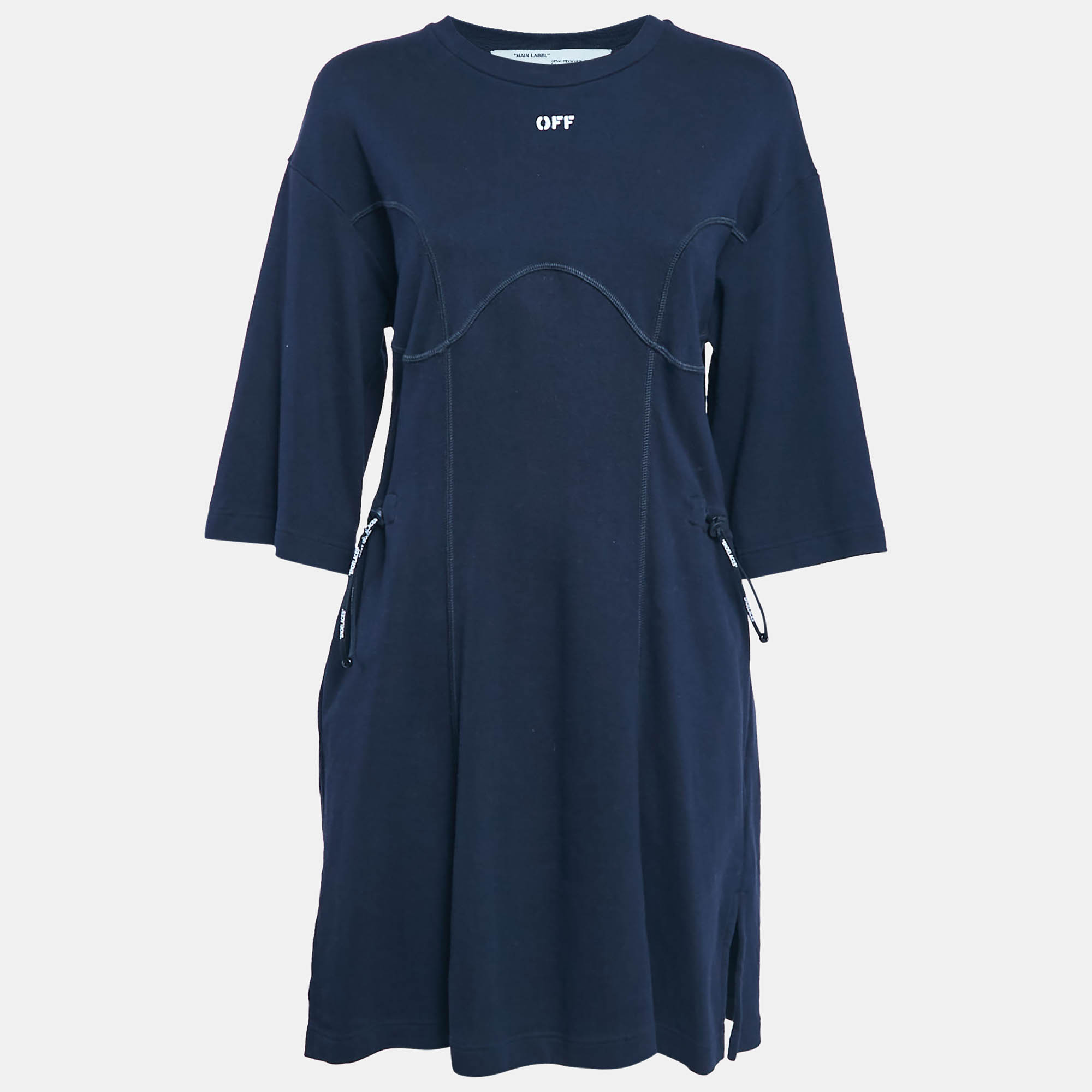 

Off-White Navy Blue Cotton Knit Adjustable Waist Short Dress