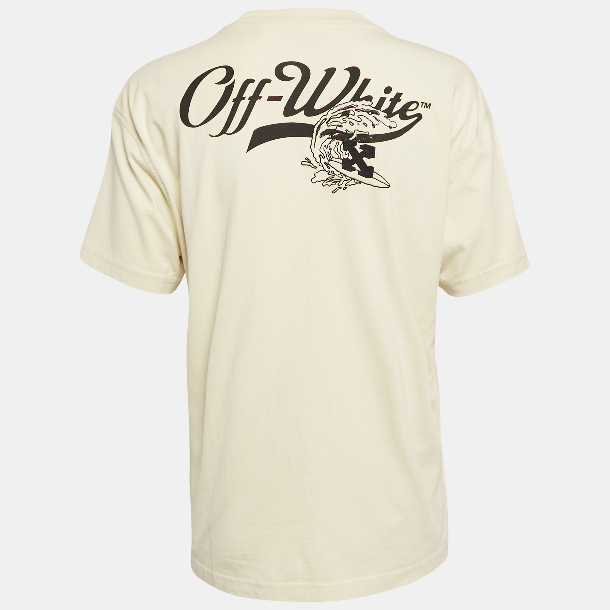 Off-White Cream Embroidered Jersey Crew Neck T-Shirt S 