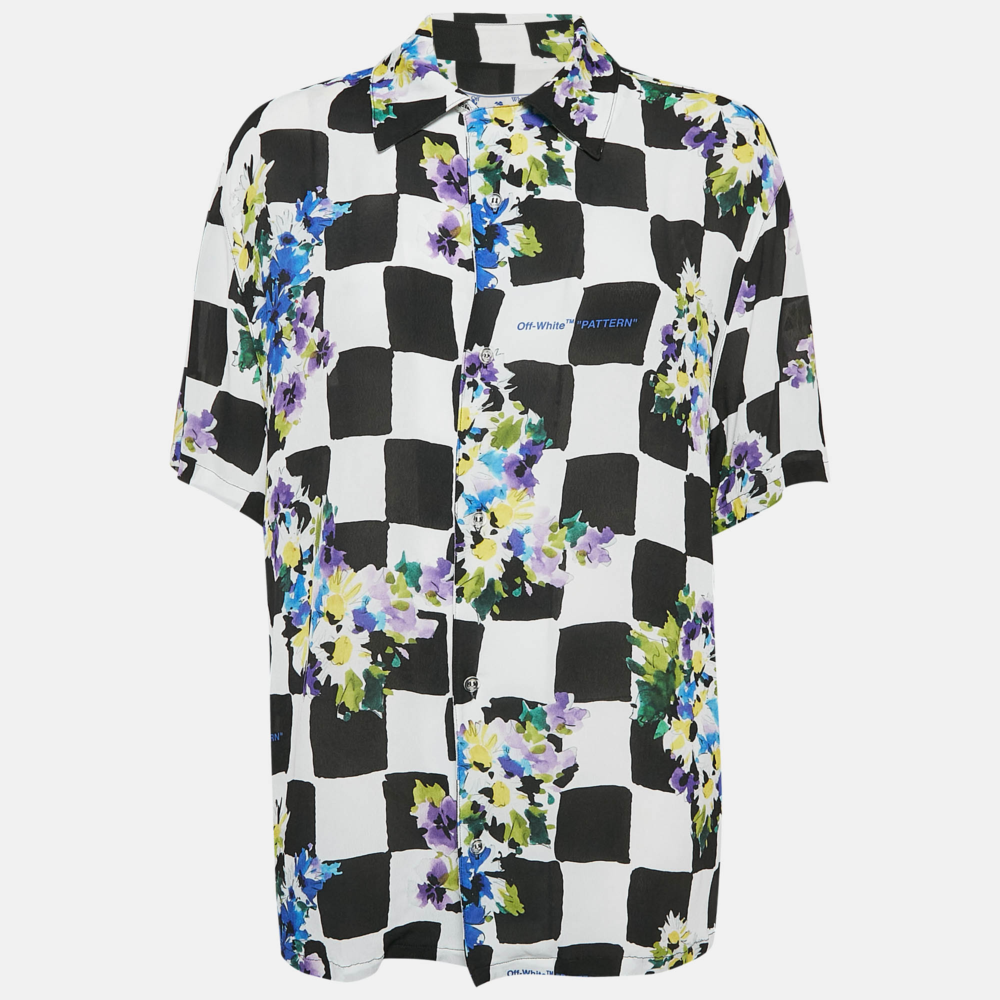 

Off-White Check Floral Print Crepe Shirt S, Black