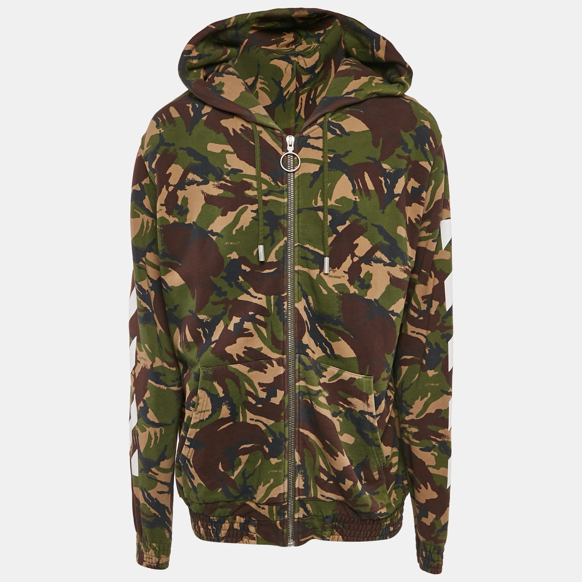 

Off-White Green Camouflage Print Cotton Knit Hooded Zip-Up Jacket XL