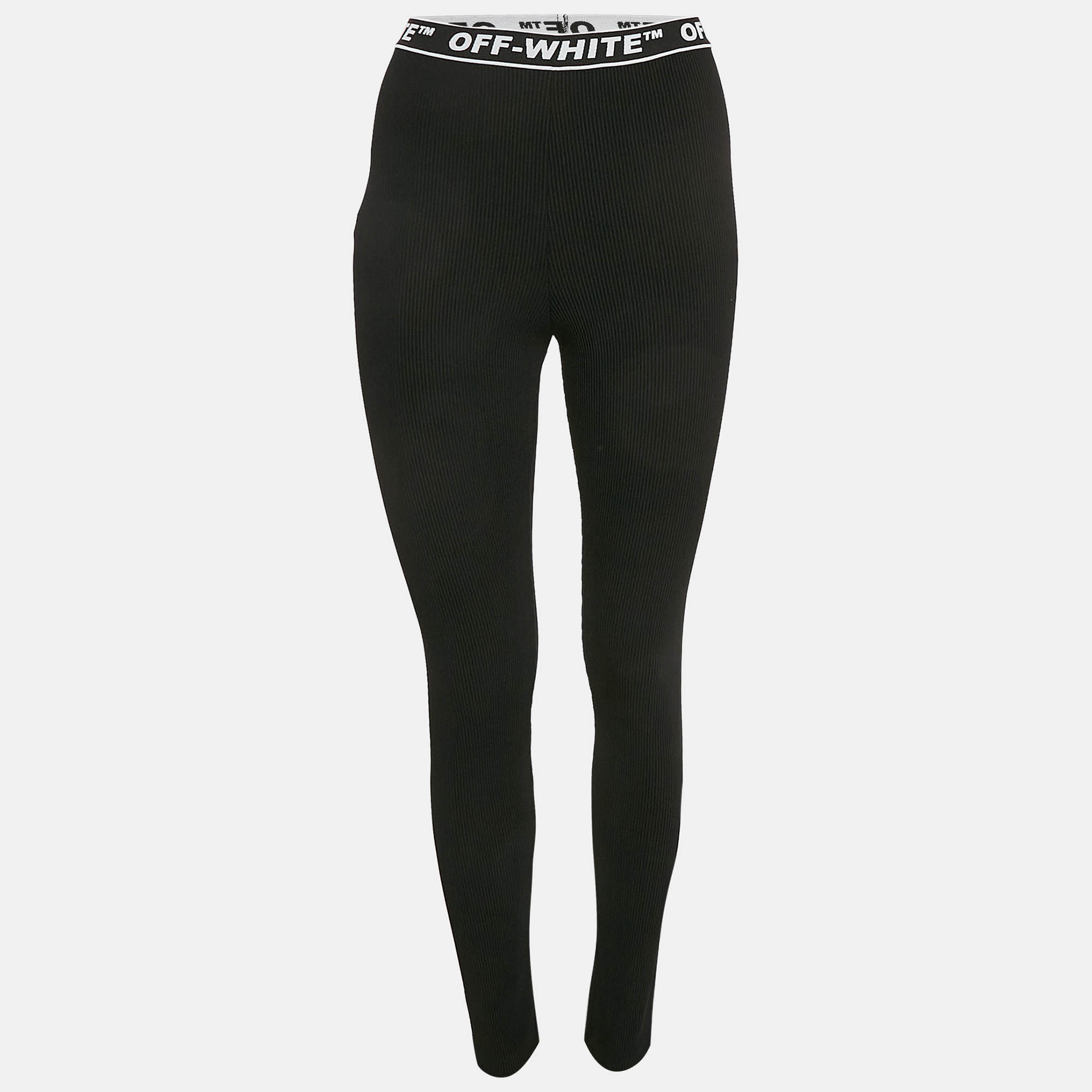 

Off-White Black Logo Waistband Stripe Textured Jersey Leggings S