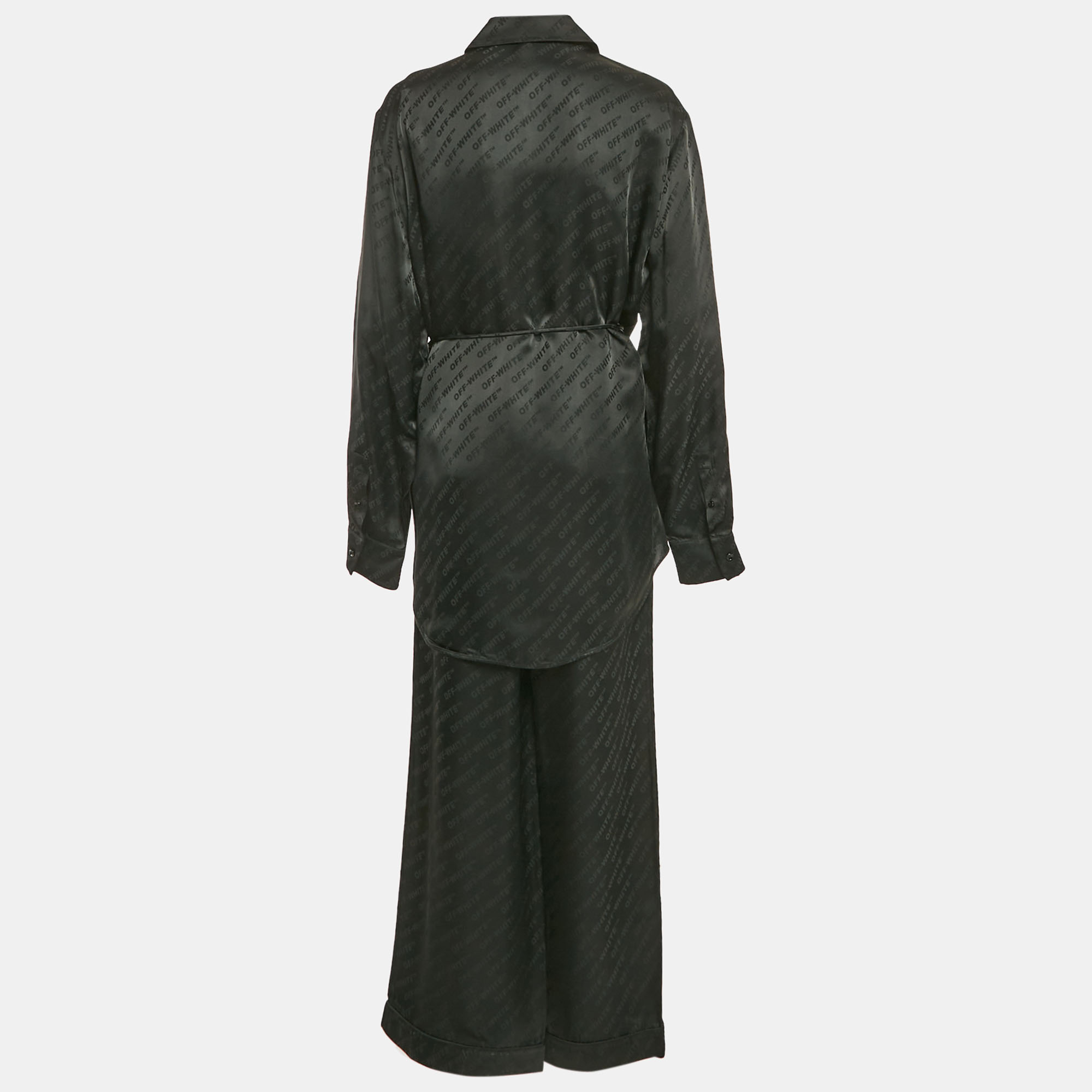 Off-White Black Logo Jacquard Satin Blouse and Pants Set L 