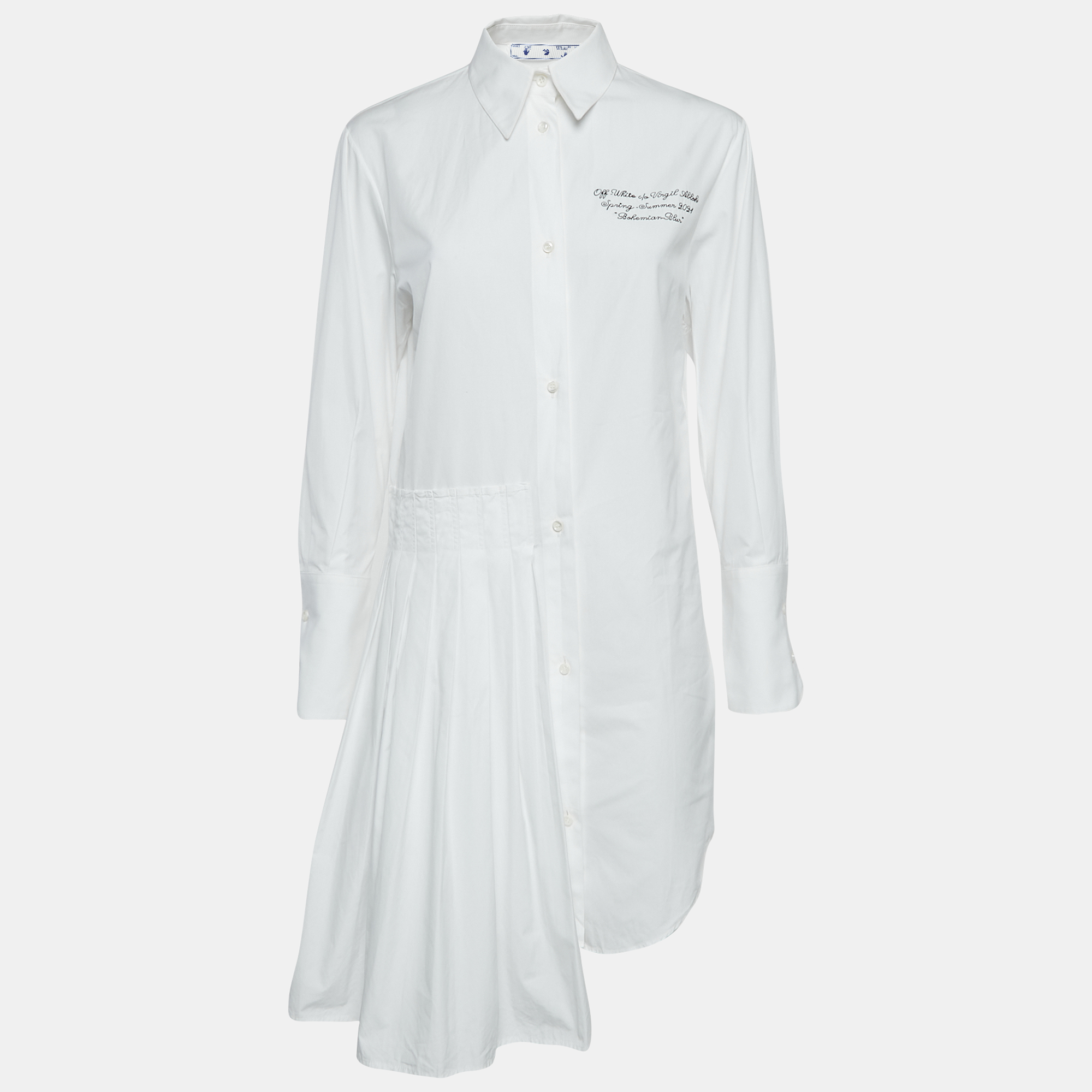 Pre-owned Off-white White Embroidered Cotton Pleated Mini Shirt Dress Xs
