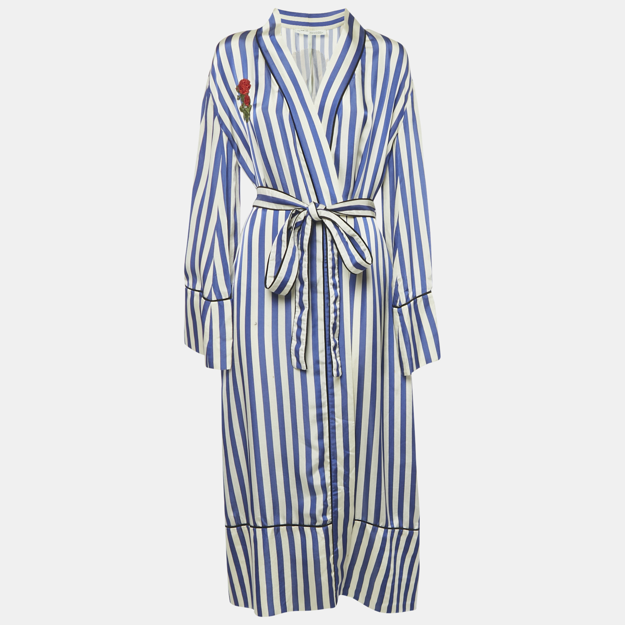 Pre-owned Off-white Blue/white Striped Satin Rose Applique Robe S