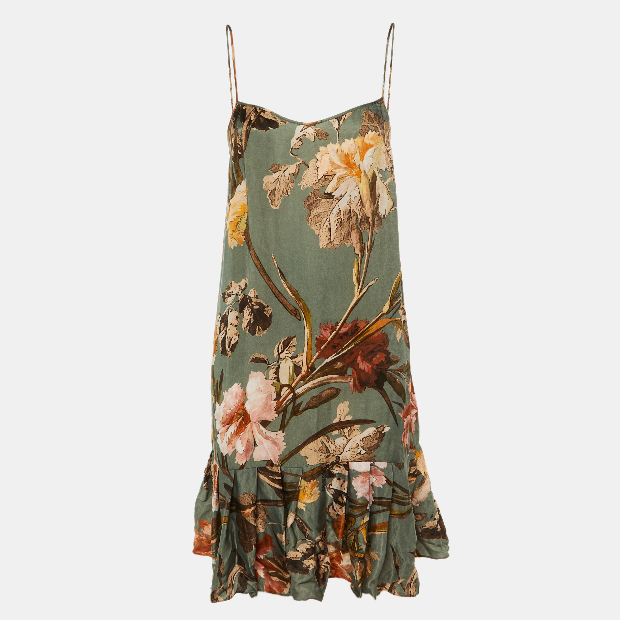Pre-owned Off-white Green Floral Print Satin Flounced Slip Dress M