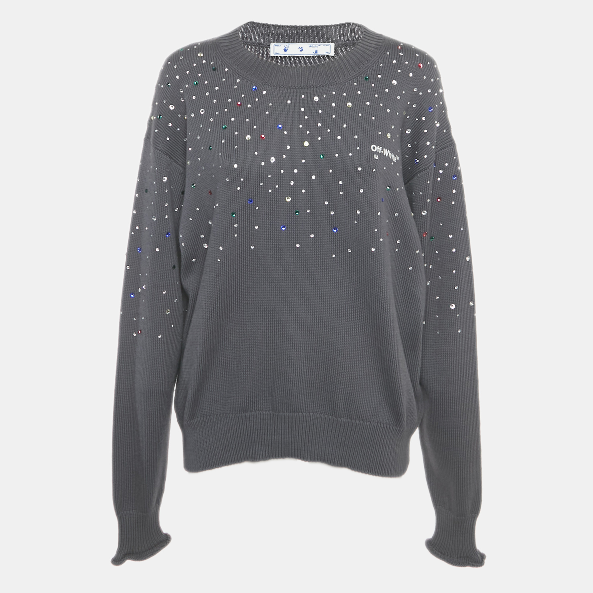 Pre-owned Off-white Grey Rib Knit Rhinestone Sweater S In Gray