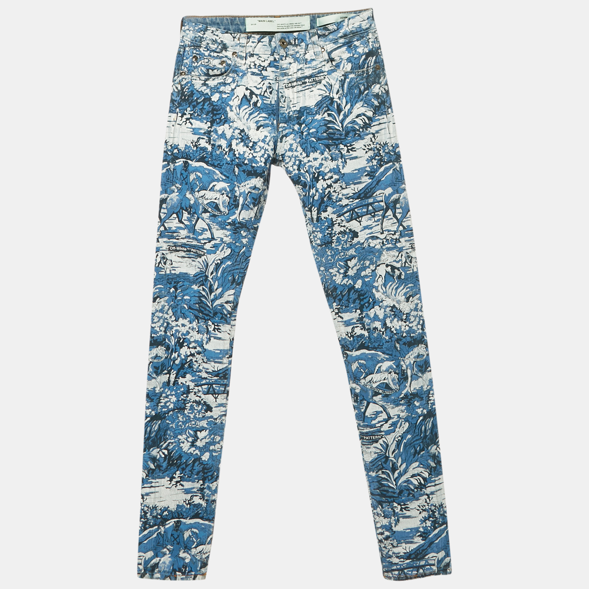 Pre-owned Off-white Blue Printed Denim Tapestry Skinny Jeans S Waist 26"