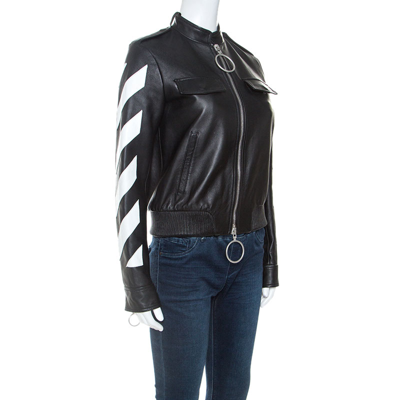

Off White Black Leather Contrast Detail Zip Front Jacket
