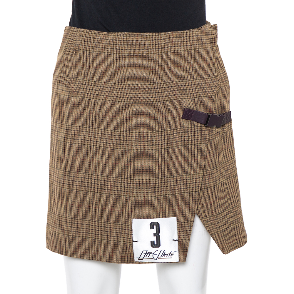 Pre-owned Off-white Brown Checkered Wool Faux Wrap Mini Skirt S
