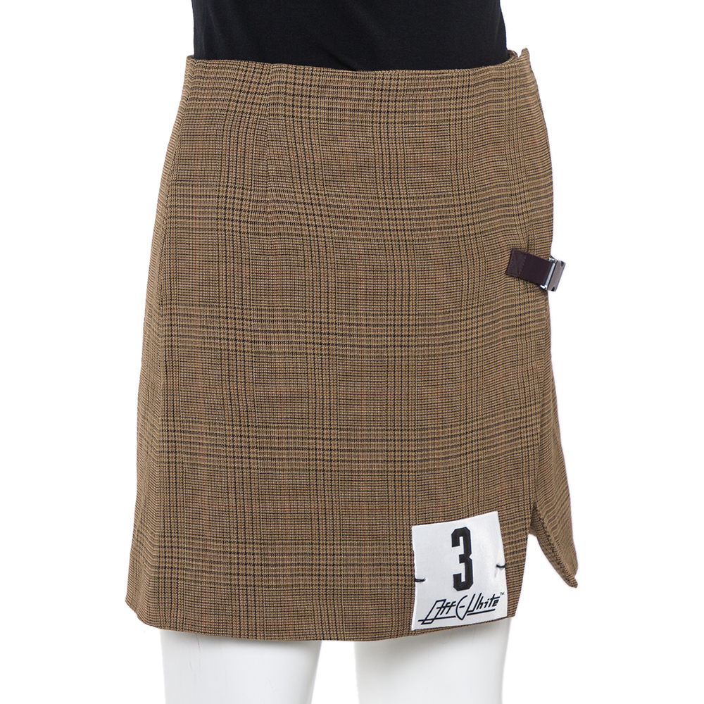 

Off-White Brown Checkered Wool Faux Wrap Mini Skirt