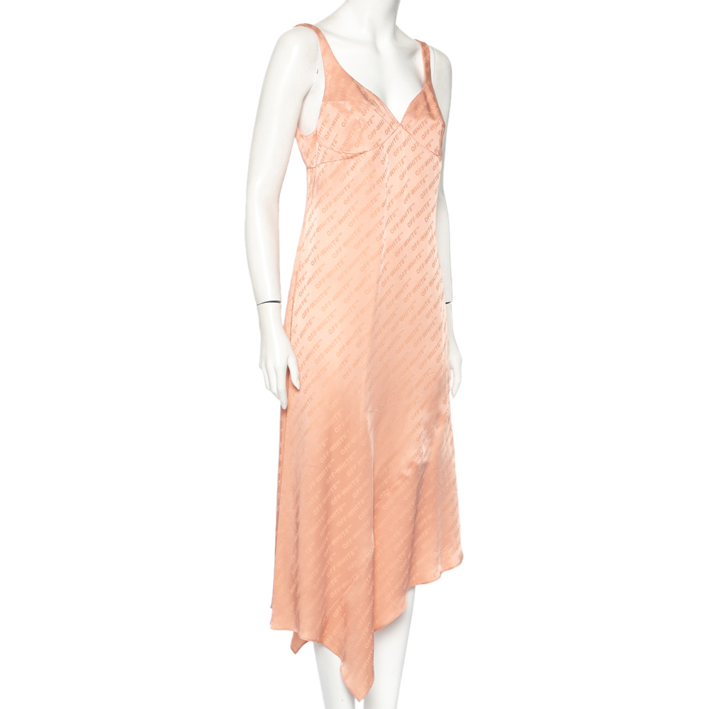 

Off White Peach Logo Love Jacquard Silk Slip Midi Dress, Pink