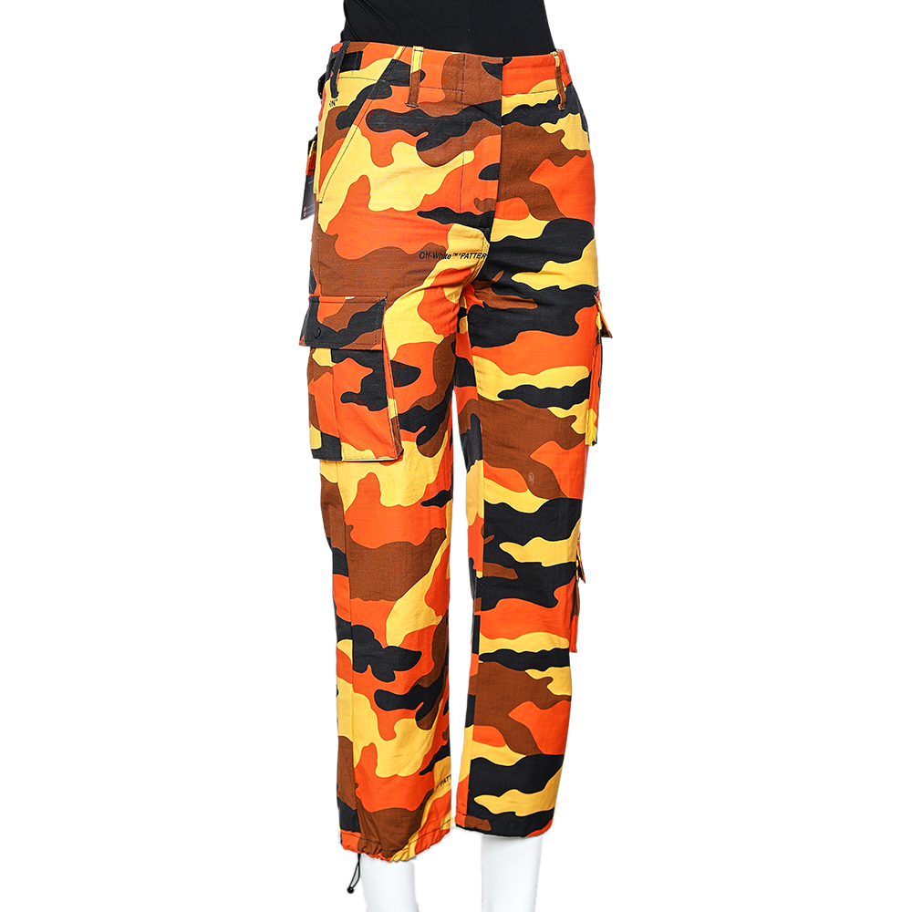 

Off-White Orange Camouflage Printed Cotton Cargo Pants, Multicolor