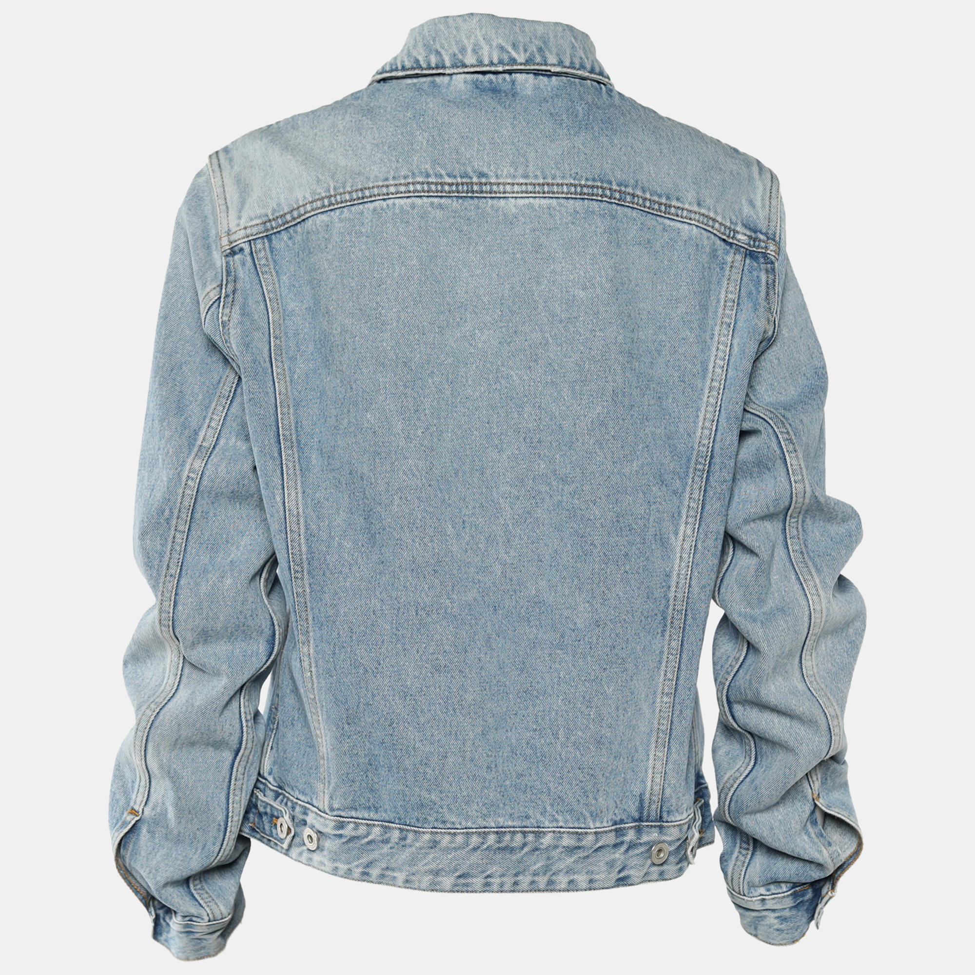 

Off-White Indigo Light Wash Distressed Denim Jacket, Blue