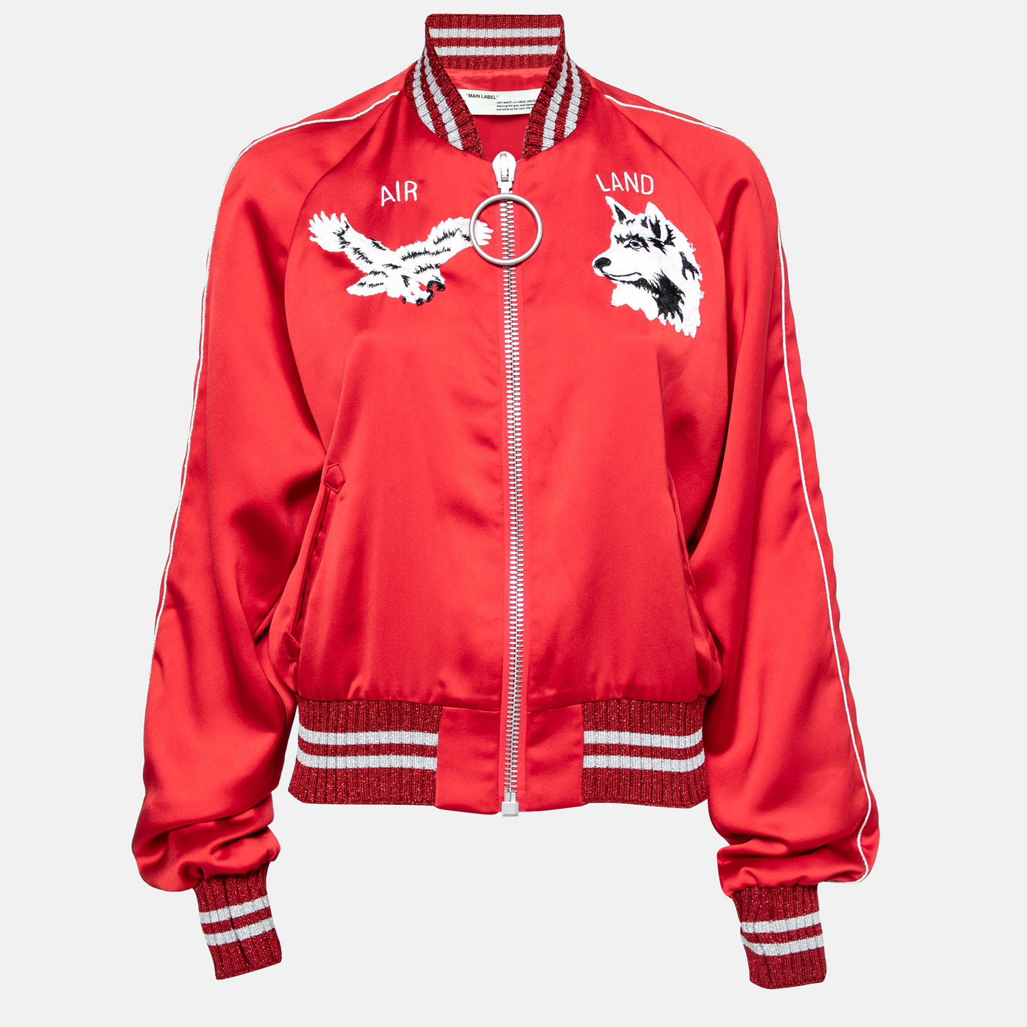 Pre-owned Off-white Red Satin Rib Knit Trimmed Greenland Bomber Jacket M